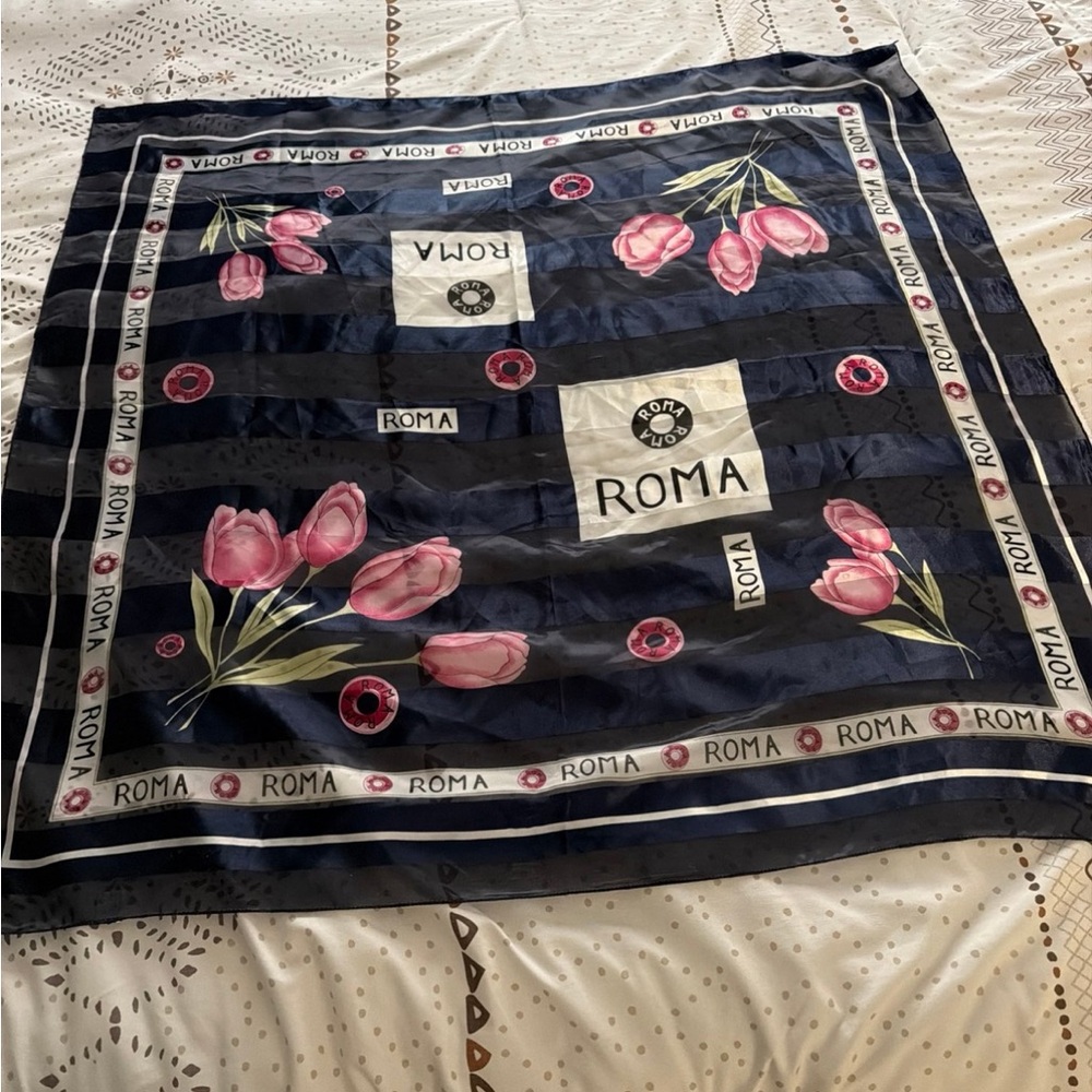 ROMA Navy Scarf with Pink Tulip Motif